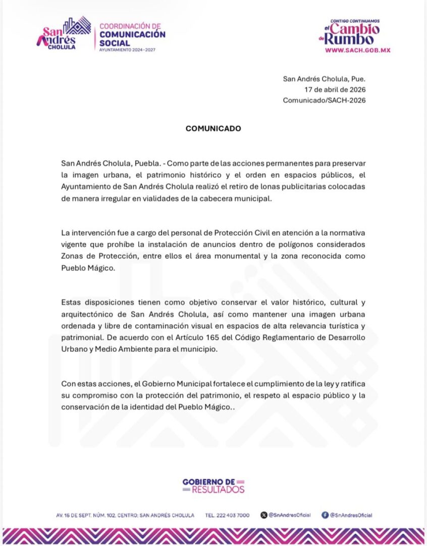 San Andrés Cholula retira lonas irregulares para proteger la imagen urbana y el patrimonio histórico