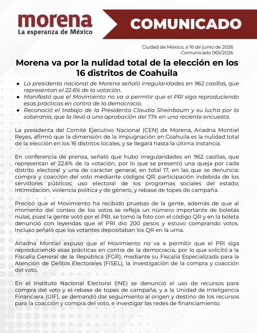 Morena escala disputa por comicios en Coahuila y llevará impugnación a tribunales federales