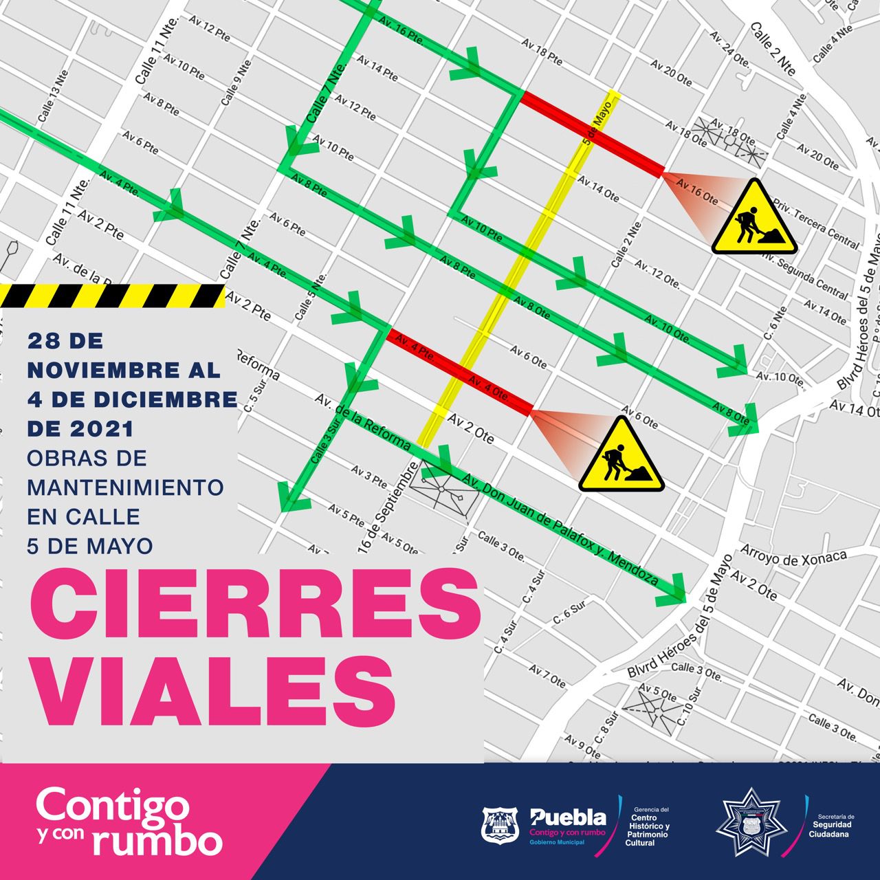 Anuncia Ayuntamiento de Puebla cierre de calles para trabajos en el Centro Histórico