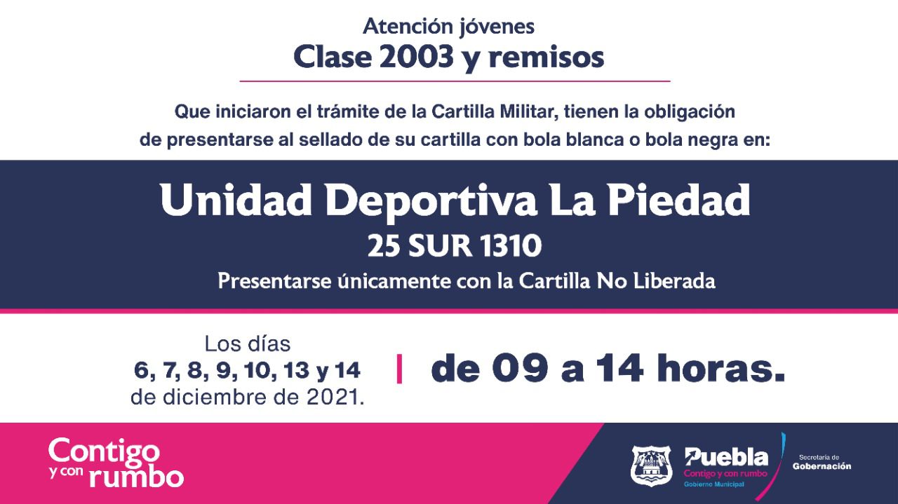 Acudirán mil 700 jóvenes a sellar su cartilla militar en Puebla Capital