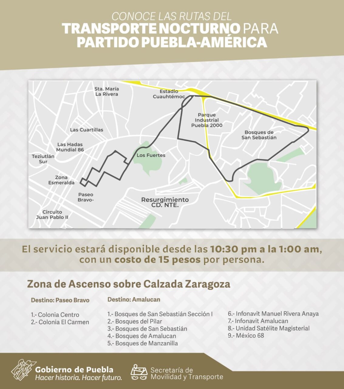 Dispone SMT autobuses para asistentes al partido Puebla – América