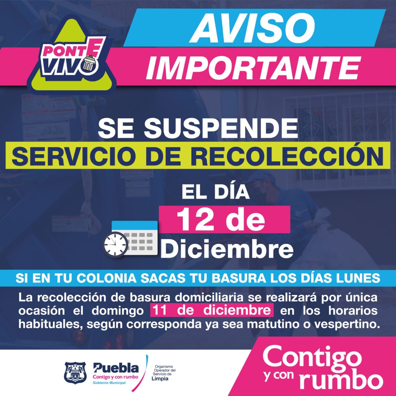 Suspenderán recolección de basura en la capital poblana el 12 de diciembre