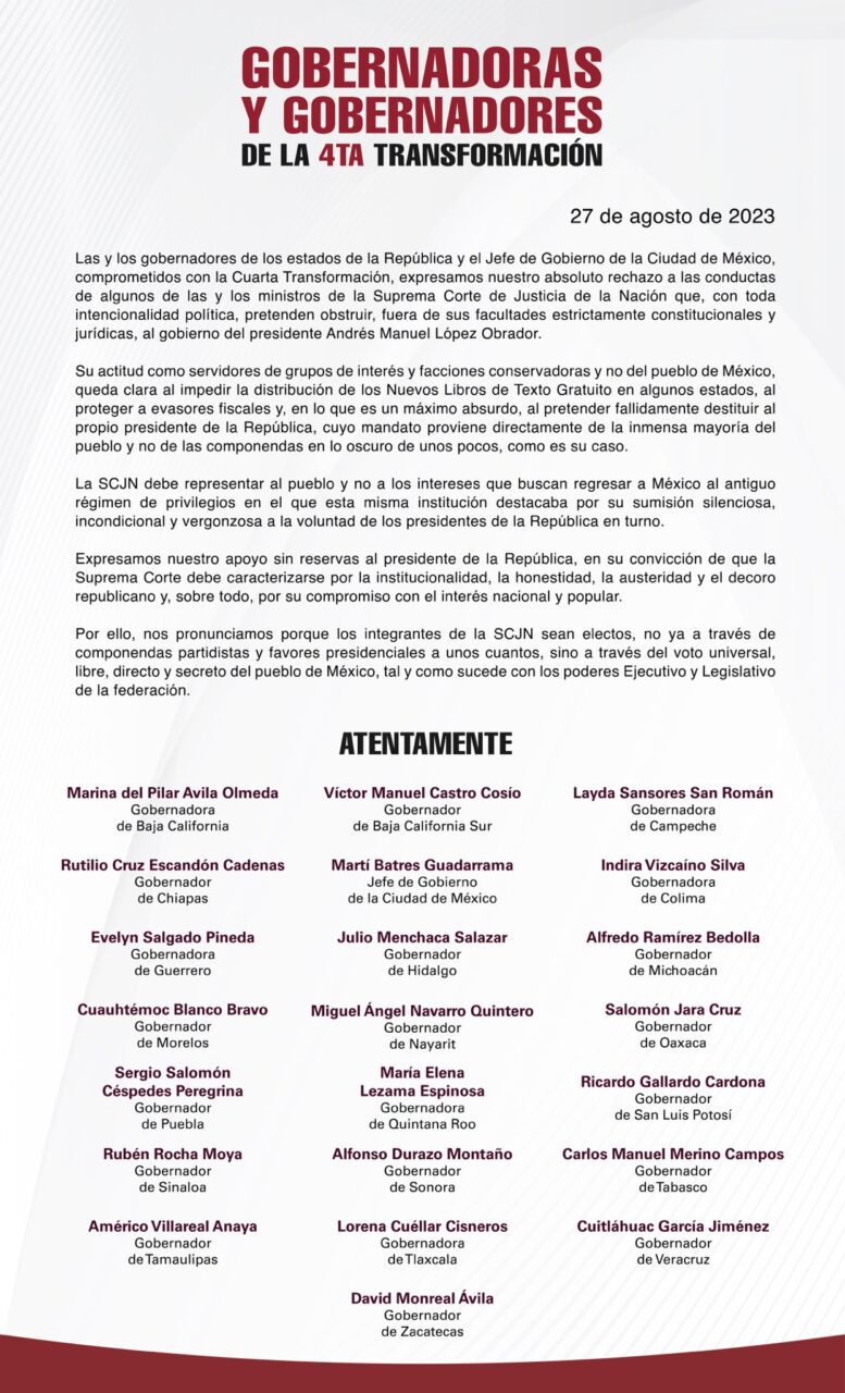 Como Poder de la Unión, la SCJN debe representar los intereses del pueblo: Gobernadores de la «4T»