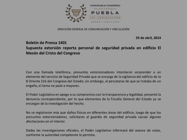 Supuesta extorsión reporta personal de seguridad privada en edificio El Mesón del Cristo del Congreso