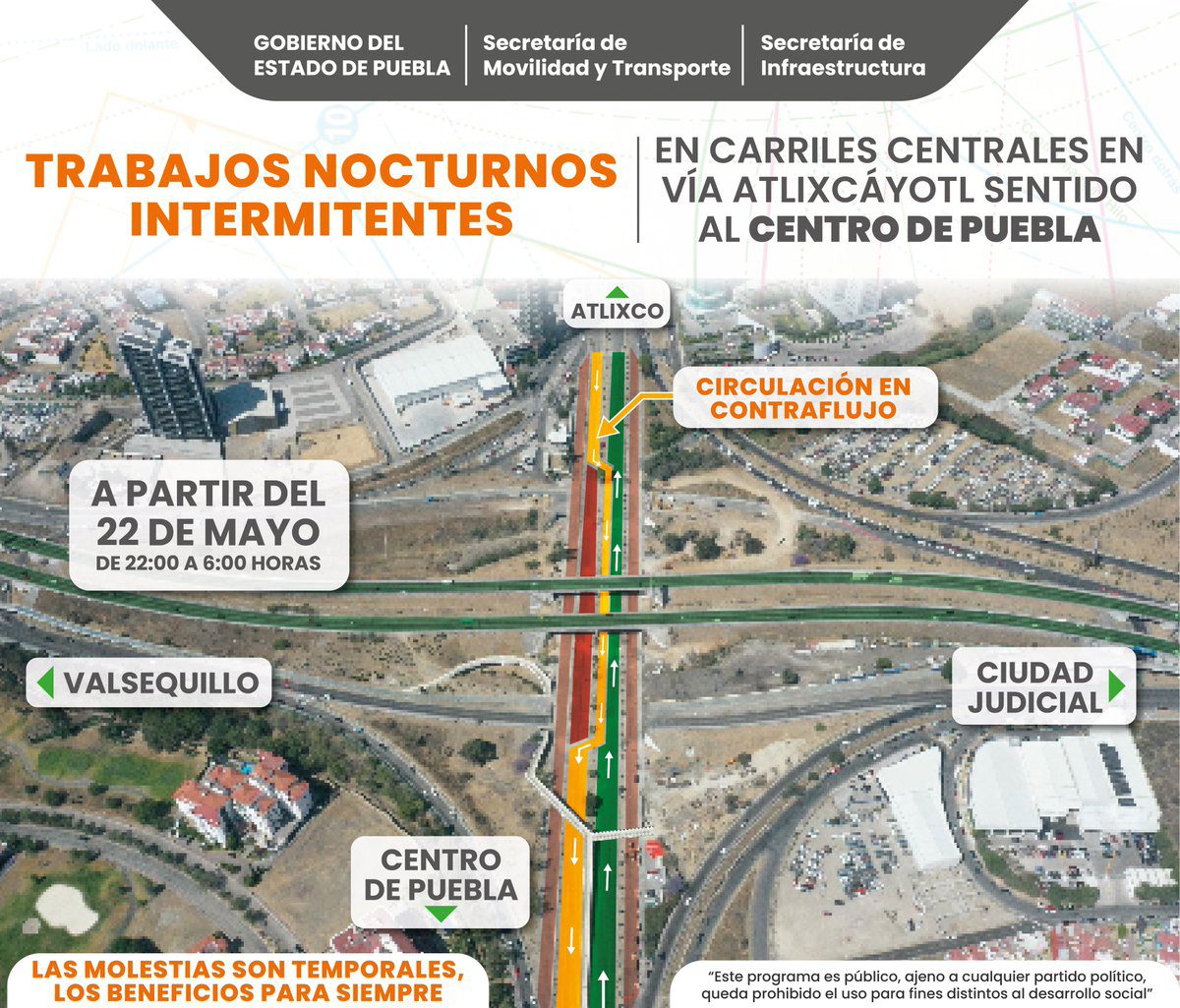 Anuncia SMT trabajos nocturnos intermitentes sobre carriles centrales en Vía Atlixcáyotl
