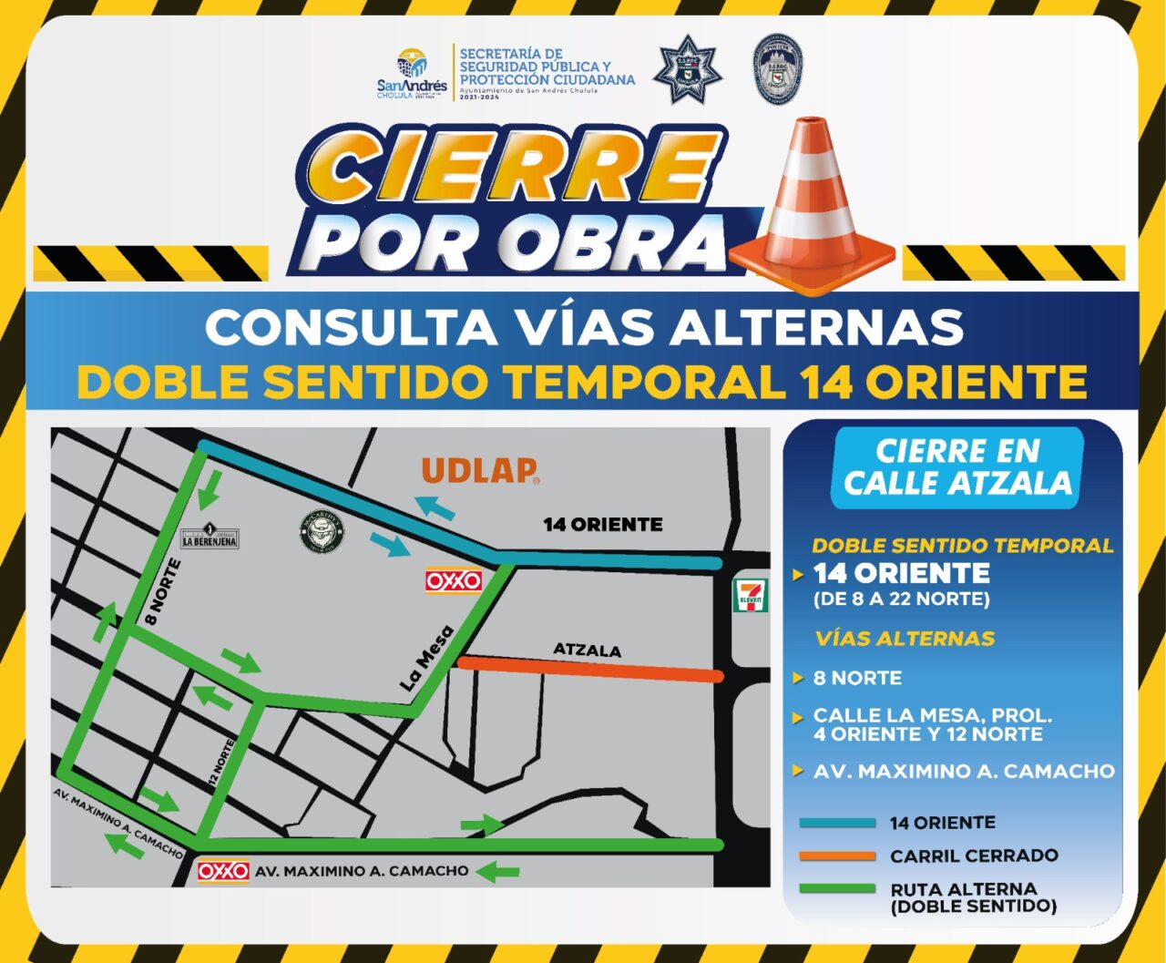 Activan en San Andrés Cholula doble sentido temporal en la 14 Oriente