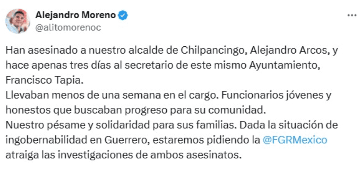 Denuncia Alejandro Moreno asesinato del edil de Chilpancingo, Alejandro Arcos