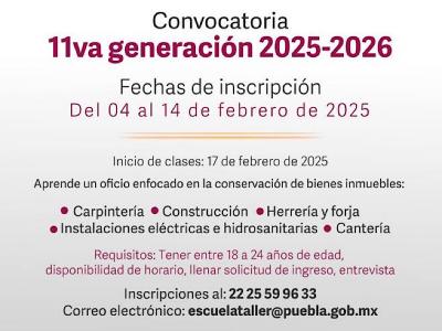 Gobierno de Puebla lanza convocatoria para nueva Generación de la Escuela Taller de Capacitación en Restauración