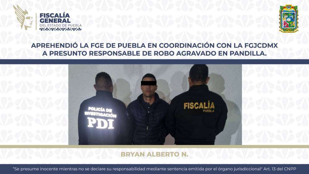 Aprehendió la FGE de Puebla en coordinación con la FGJCDMX a presunto responsable de robo agravado en pandilla