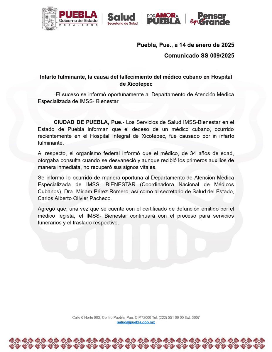 Infarto fulminante, la causa del fallecimiento del médico cubano en Hospital de Xicotepec