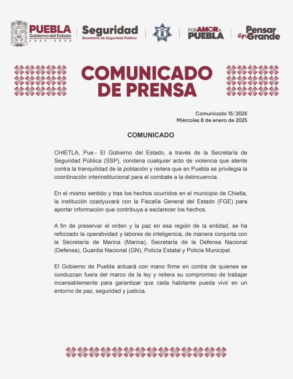 Refuerza la SSP la seguridad en Chietla