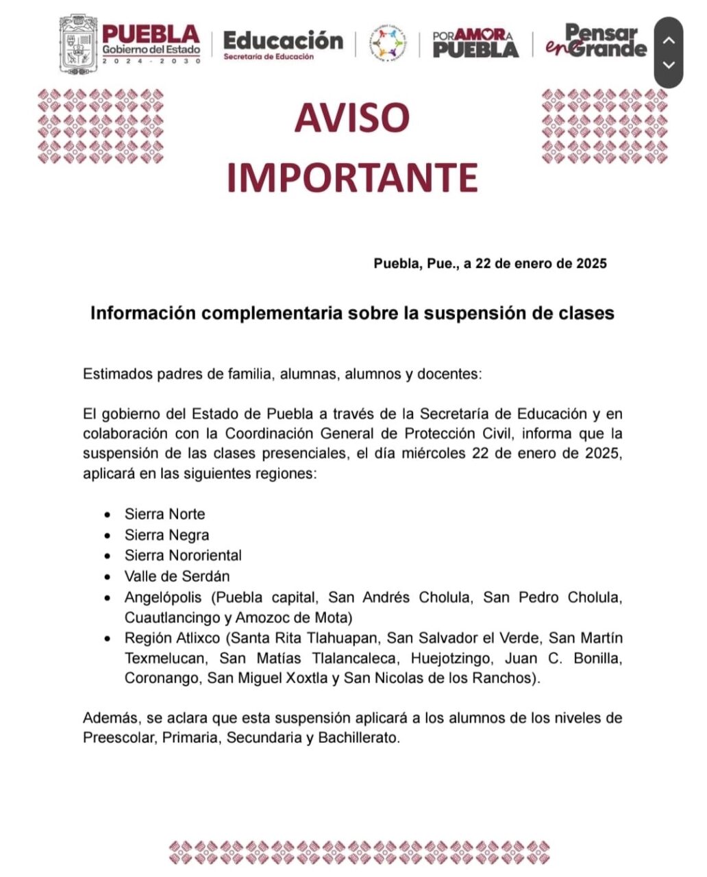 Suspenden clases presenciales en seis regiones de Puebla por bajas temperaturas