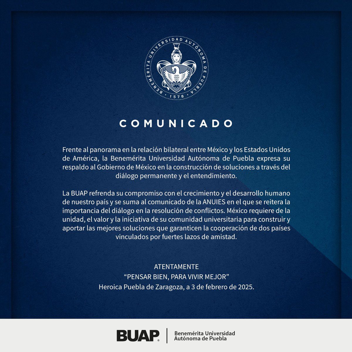 BUAP se suma a llamado de la ANUIES por el diálogo con EE.UU.