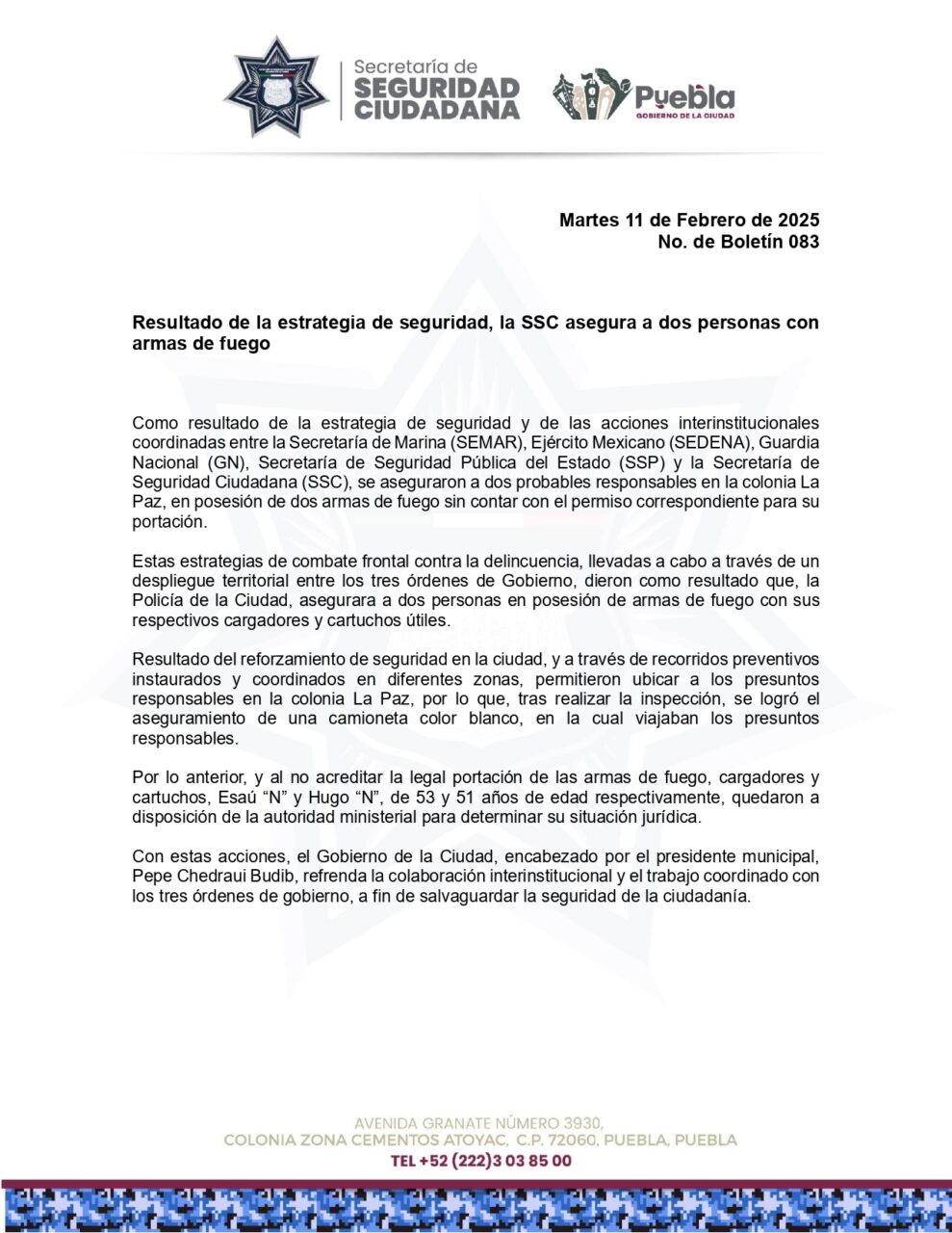 Resultado de la estrategia de seguridad, la SSC asegura a dos personas con armas de fuego
