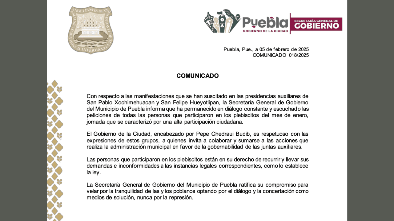 Gobierno de Puebla mantiene diálogo con inconformes por plebiscitos en juntas auxiliares