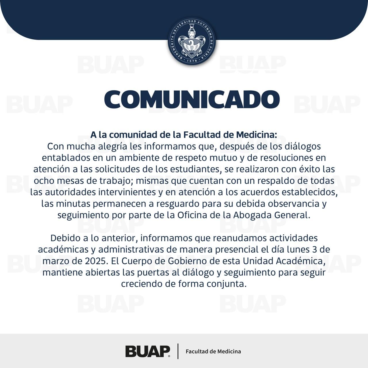 La BUAP reanuda actividades tras acuerdos con estudiantes de Medicina