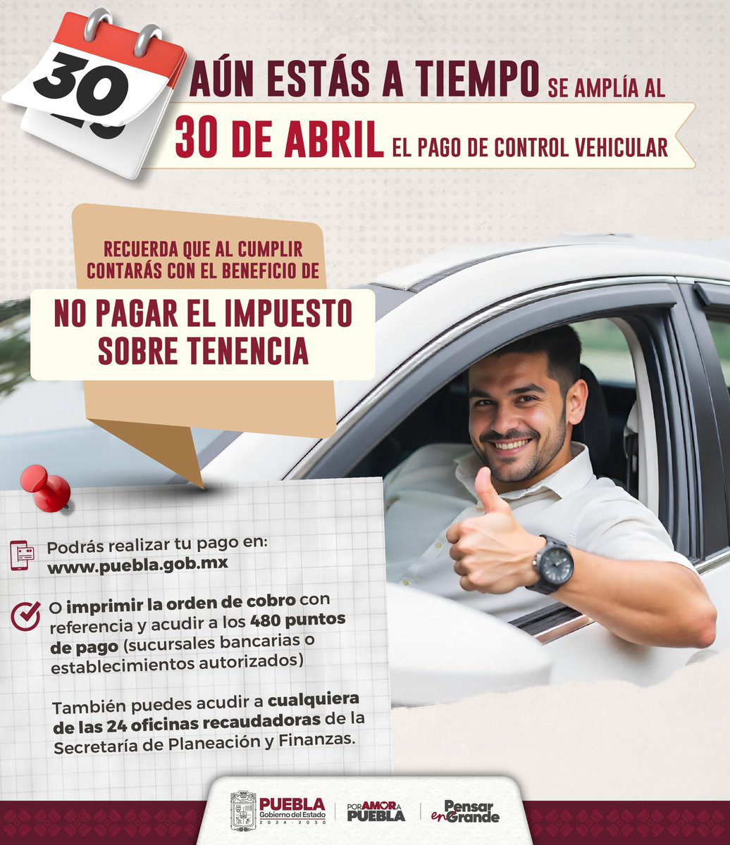 A favor de la economía se amplía al 30 de abril el pago del Control Vehicular en Puebla