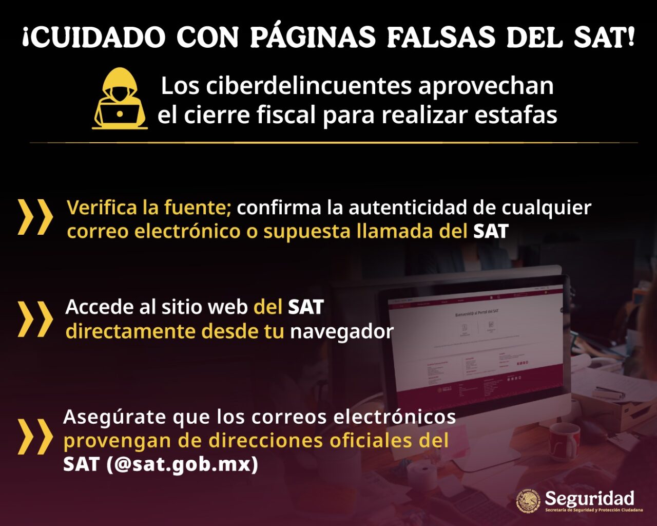 Emite SSPC alertas sobre páginas y correos falsos del SAT