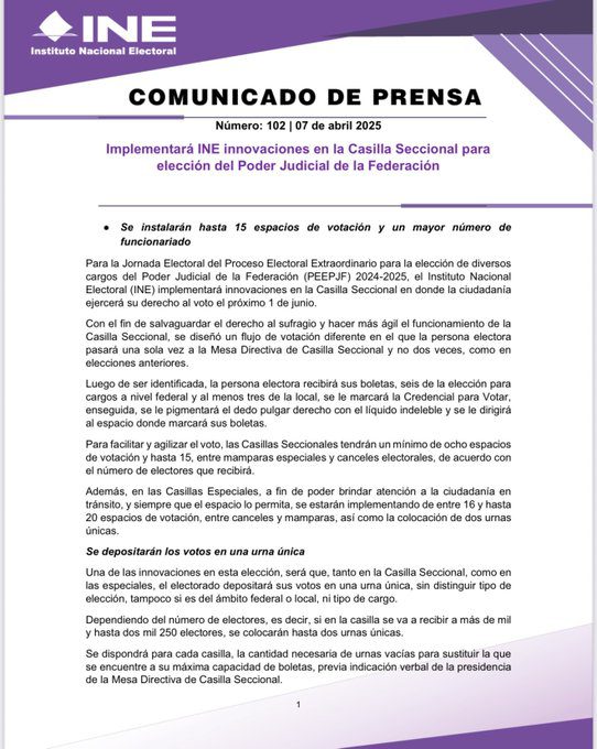 Implementará INE innovaciones en la Casilla Seccional para elección del Poder Judicial de la Federación
