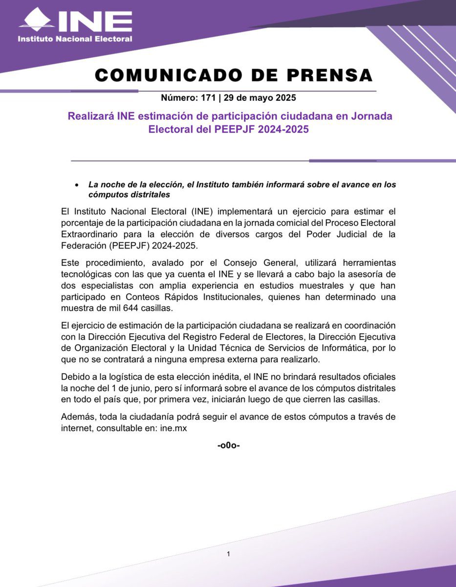 Realizará INE estimación de participación ciudadana en Jornada Electoral del PEEPJF 2024-2025