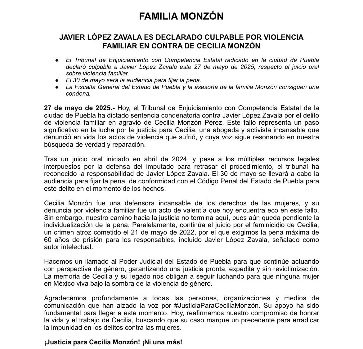 Declaran culpable a Javier López Zavala por violencia familiar contra Cecilia Monzón