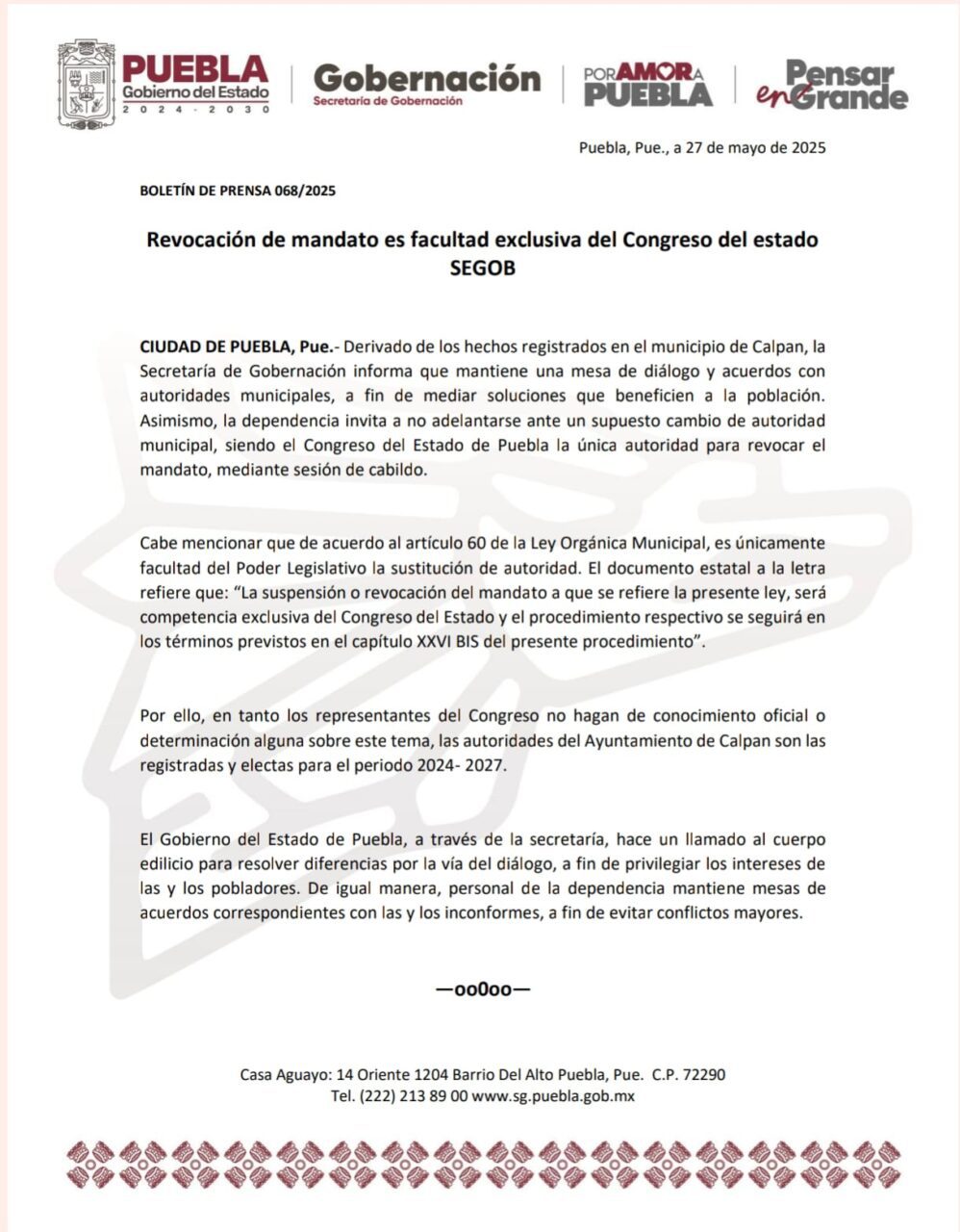 Revocación de mandato es facultad exclusiva del Congreso del estado SEGOB