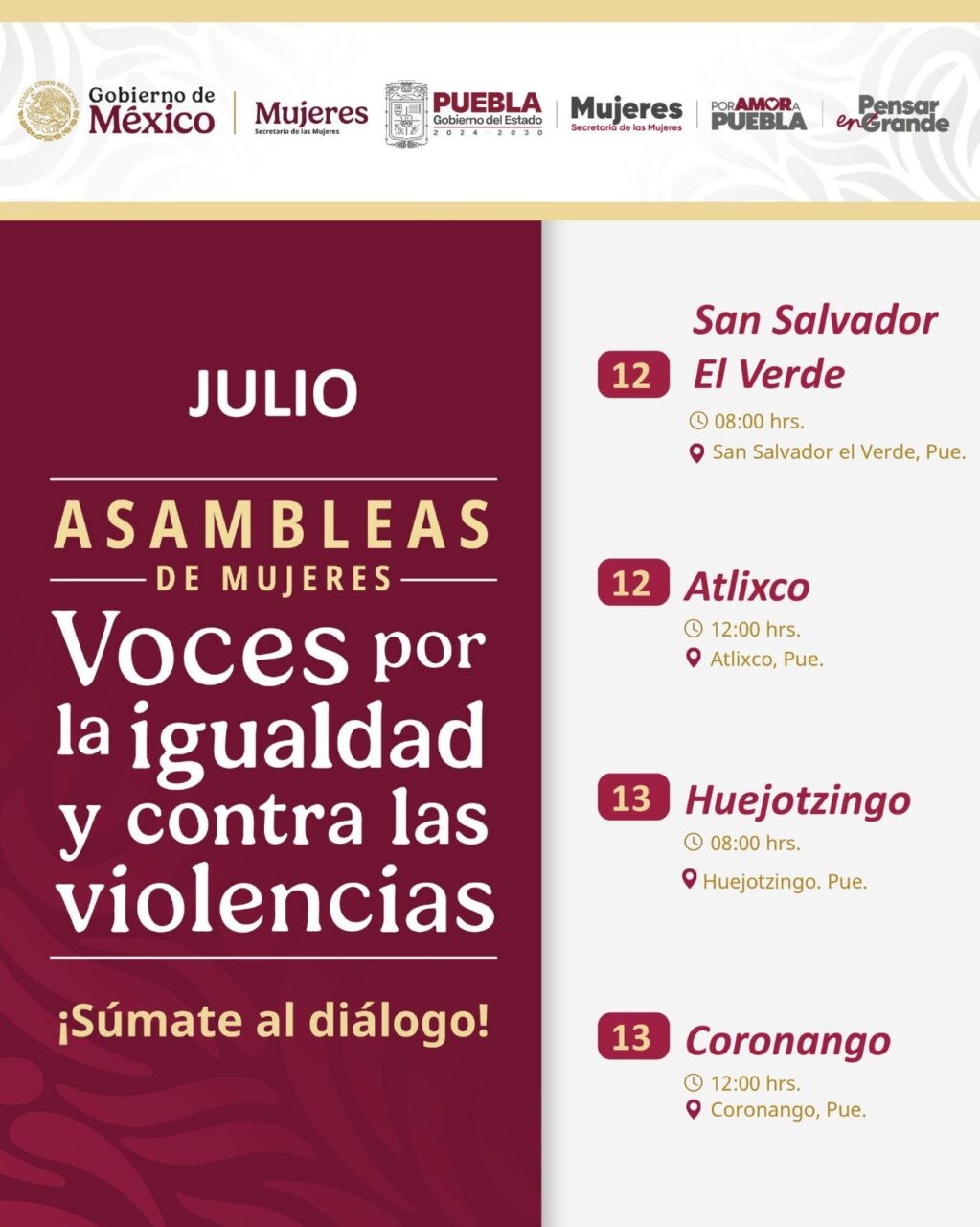 Puebla invita a Asambleas por los derechos y seguridad de mujeres
