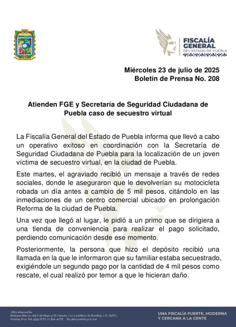 Atienden FGE y Secretaría de Seguridad Ciudadana de Puebla caso de secuestro virtual