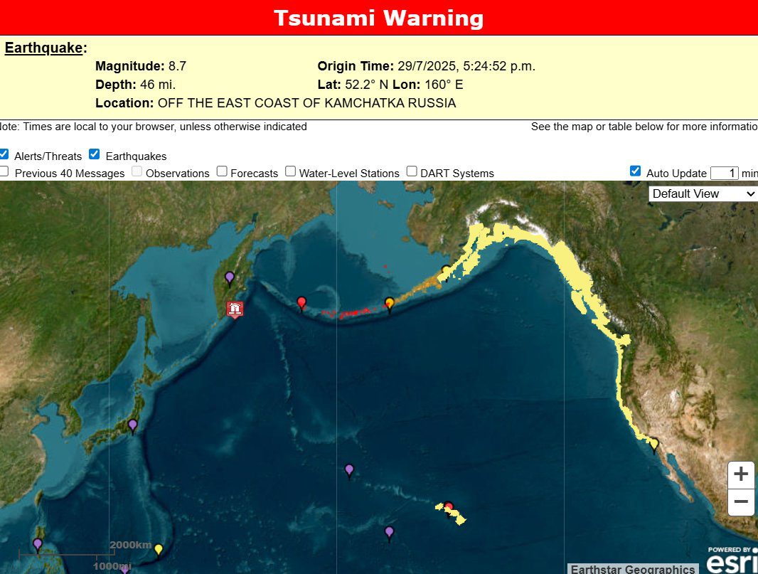 Fuerte sismo de magnitud 8.7 sacude Kamchatka; se emiten alertas de tsunami en el Pacífico