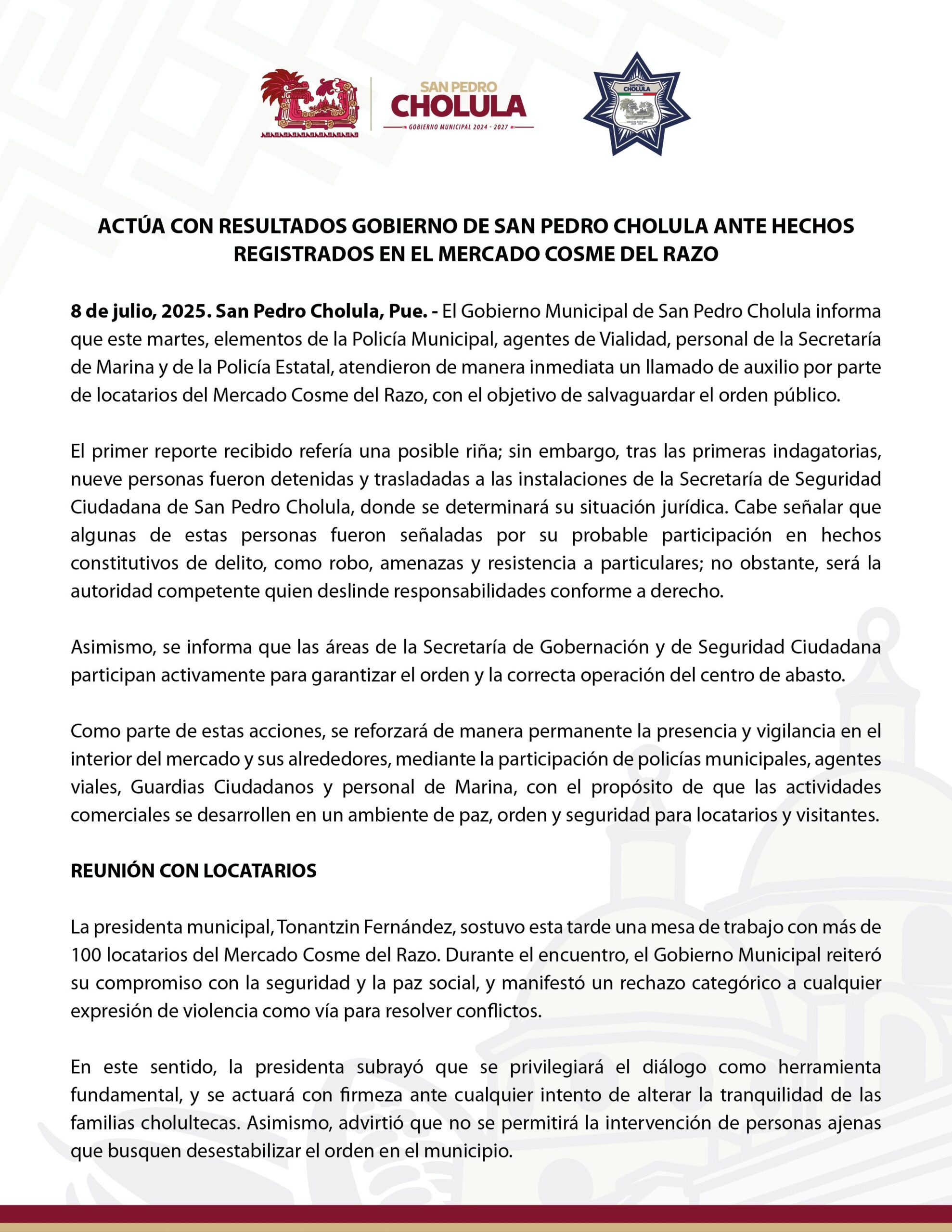 Actúa con resultados Gobierno de San Pedro Cholula ante hechos registrados en el mercado Cosme del Razo