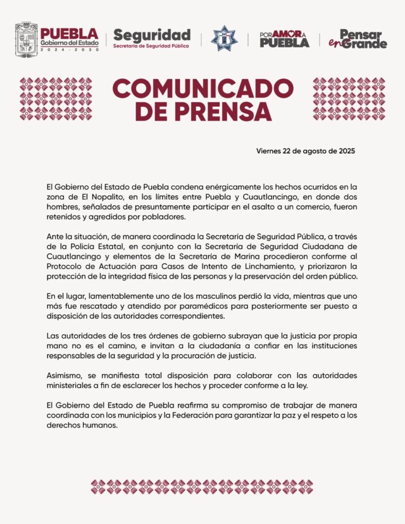 Condena Gobierno de Puebla hechos ocurridos en límites entre Puebla y Cuatlancingo