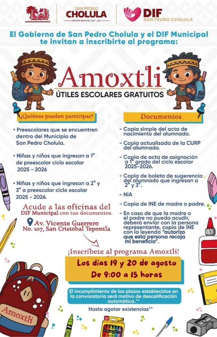 Continúa abierto el registro para la entrega de útiles escolares gratuitos a niñas y niños en San Pedro Cholula
