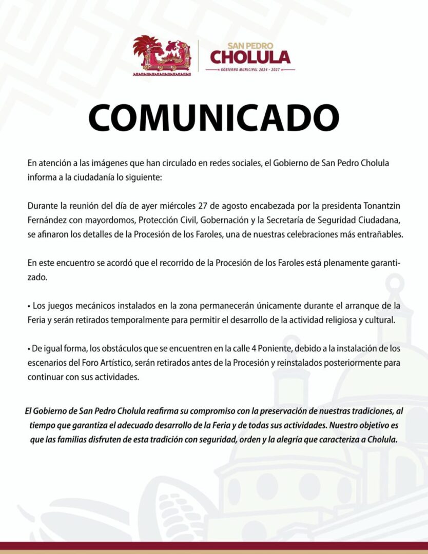 San Pedro Cholula garantiza la Procesión de los Faroles; retirarán juegos mecánicos para el evento.