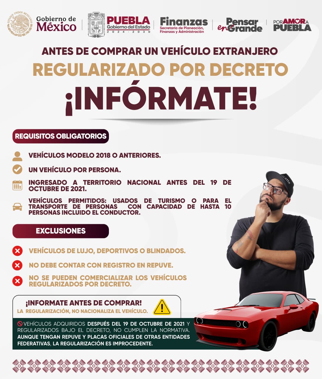 Gobierno de Puebla informa requisitos obligatorios para regularizar vehículos extranjeros por decreto