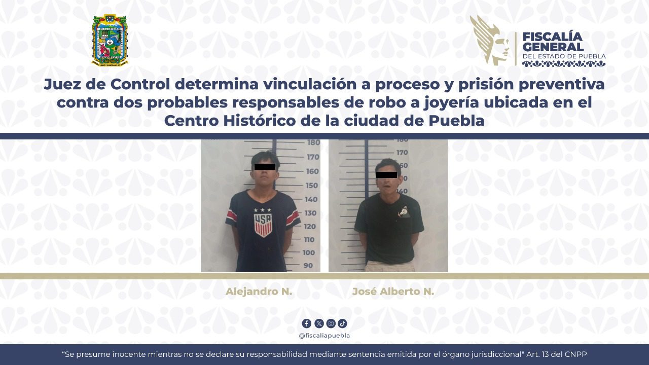 Prisión preventiva para dos probables responsables de robo a joyería en Puebla