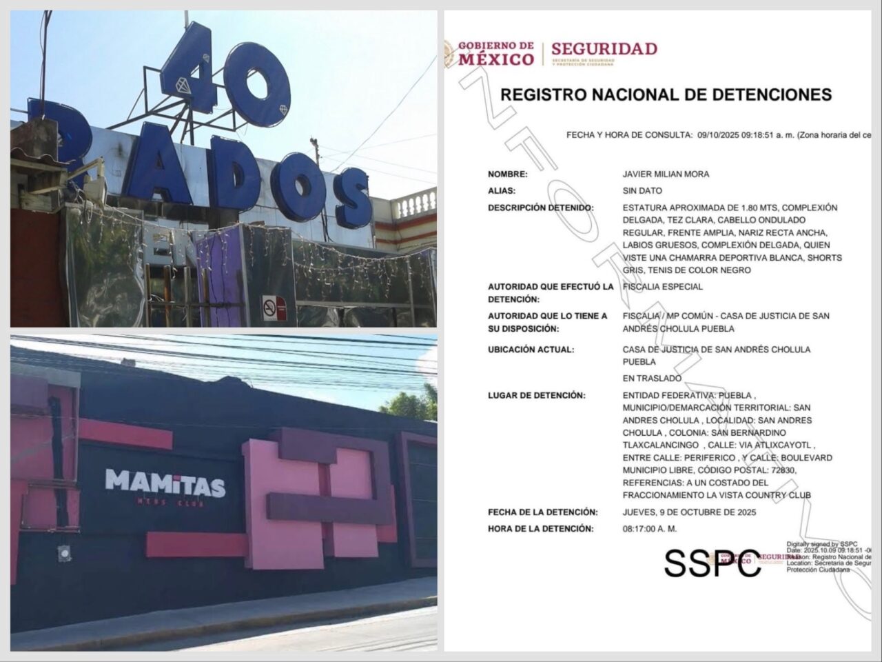 Trasciende detención del dueño de “Mamita’s Mens Club” y “40 Grados” en San Andrés Cholula