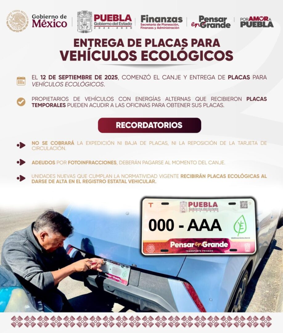 Gobierno de Puebla informa sobre la entrega de placas para Vehículos Ecológicos