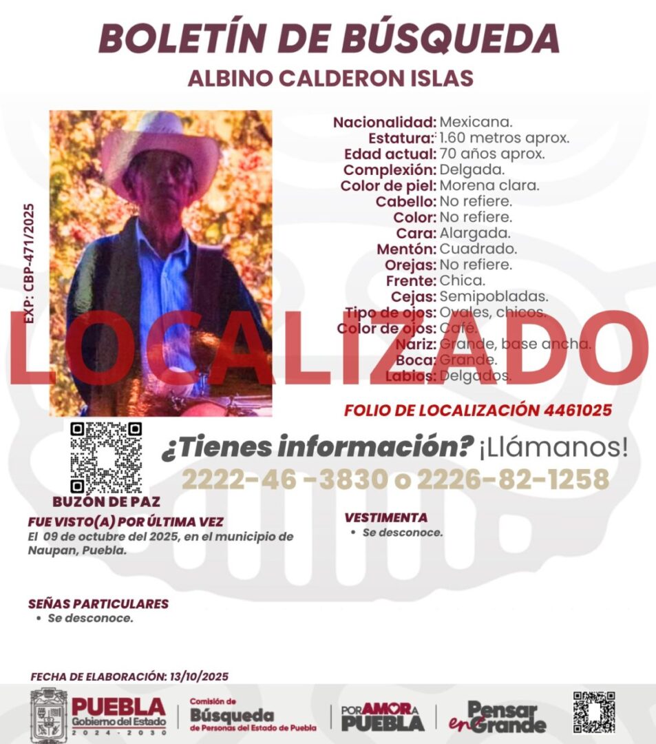 Comisión de Búsqueda localiza sin vida a Albino Calderón Islas en Naupan, tras fuertes lluvias