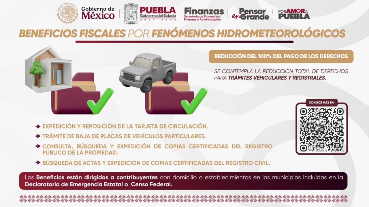 Gobierno de Puebla otorga beneficios fiscales a ciudadanos afectados por fenómenos naturales