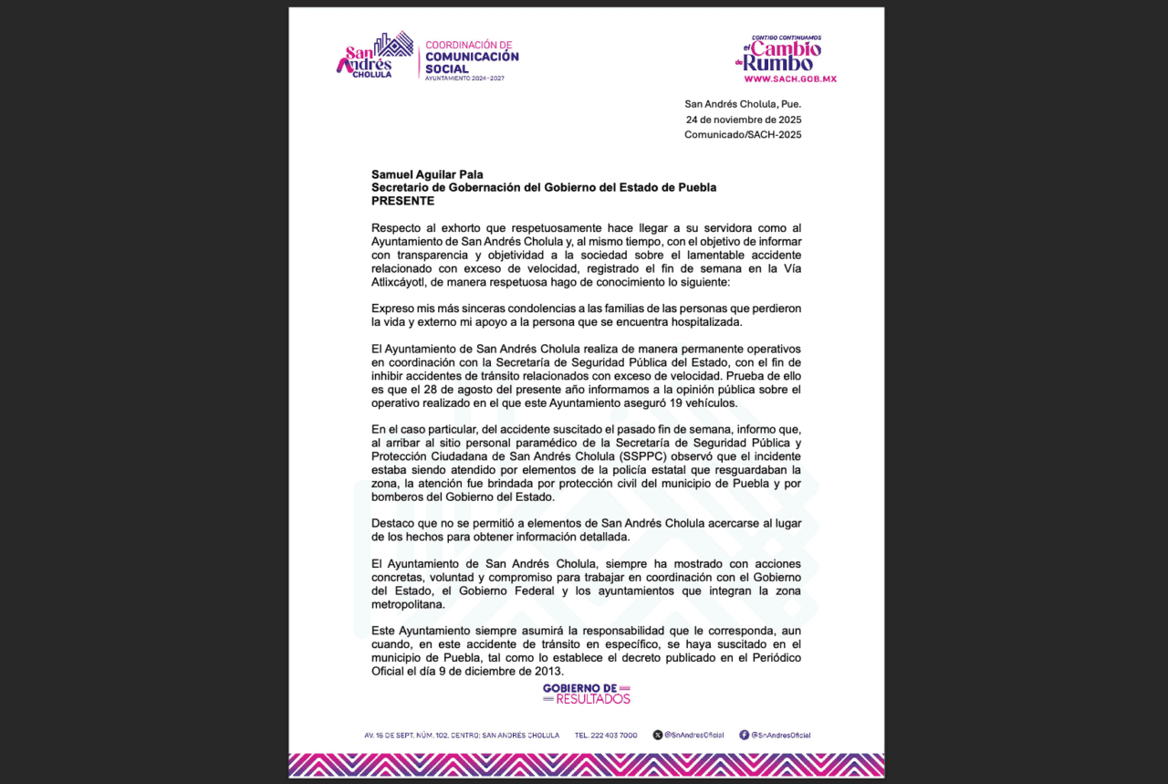 San Andrés Cholula responde a exhorto del Gobierno estatal por accidente en la Atlixcáyotl y defiende coordinación en operativos