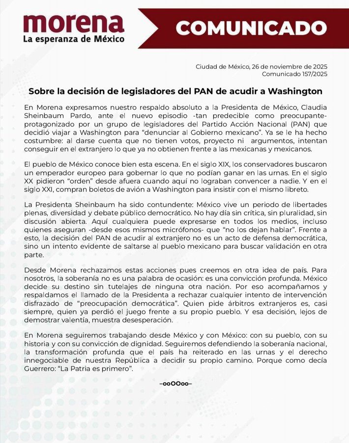 Morena respalda a Sheinbaum y critica viaje de legisladores del PAN a Washington