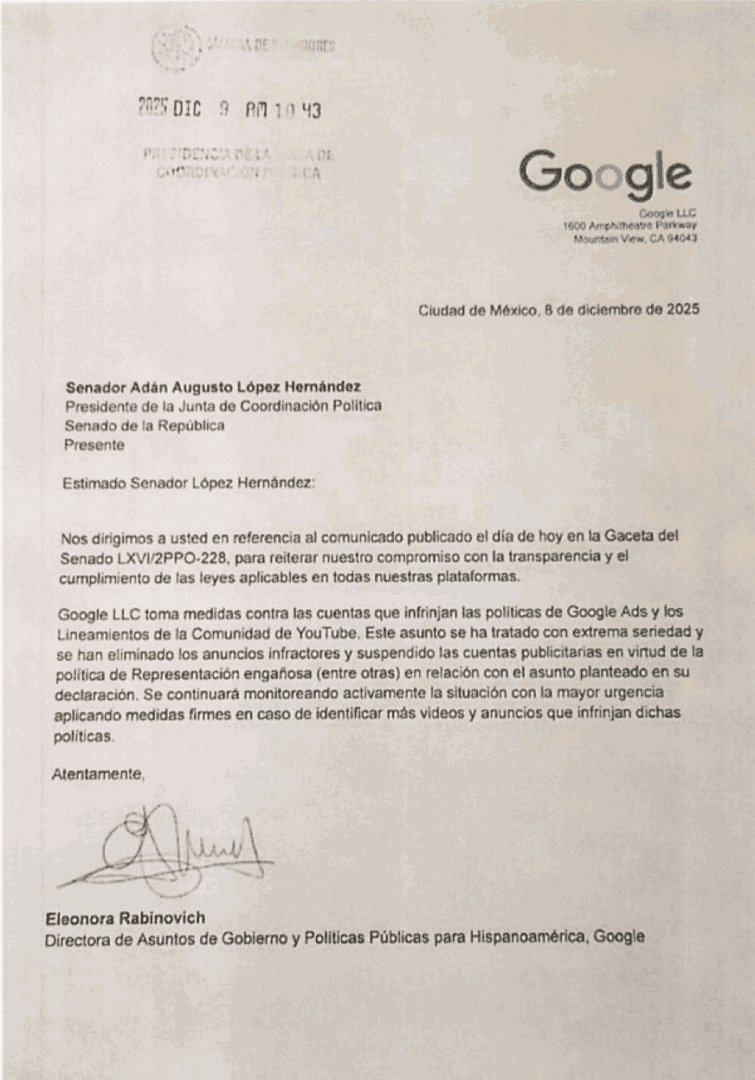Google responde al Senado: elimina anuncios y suspende cuentas por videos falsos de la presidenta