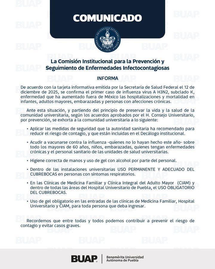 BUAP refuerza medidas preventivas ante primer caso de influenza A H3N2