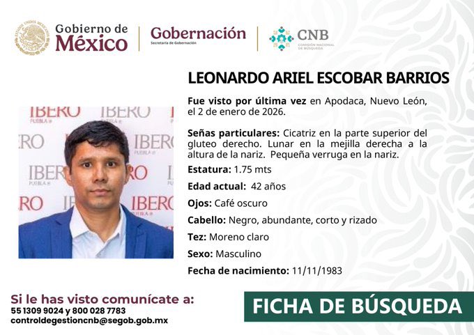 Localizan con vida a Leonardo Ariel Escobar Barrios en Nuevo León