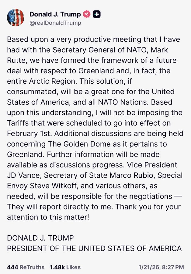 Trump anuncia plan marco para un eventual acuerdo sobre Groenlandia y frena aranceles a Europa
