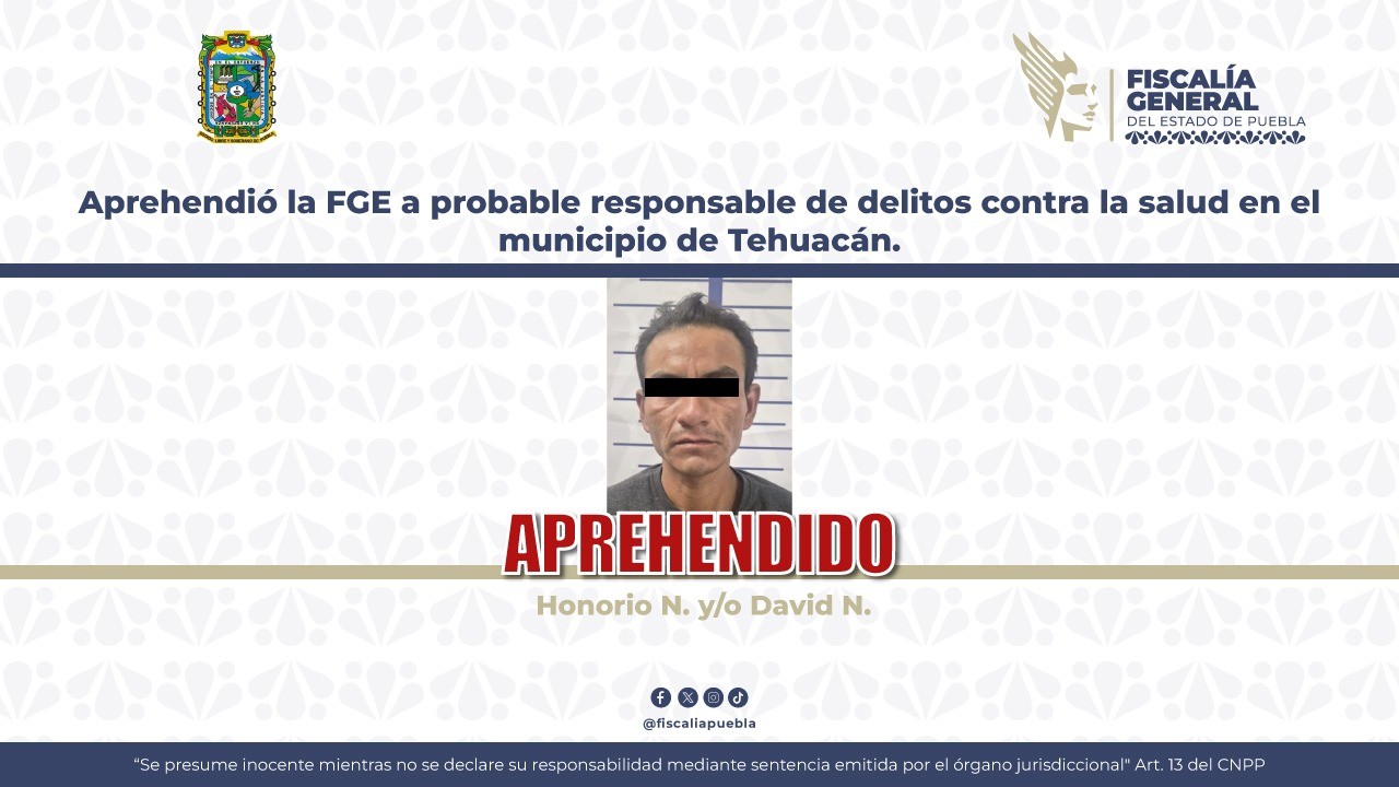 Aprehendió la FGE a probable responsable de delitos contra la salud en el municipio de Tehuacán