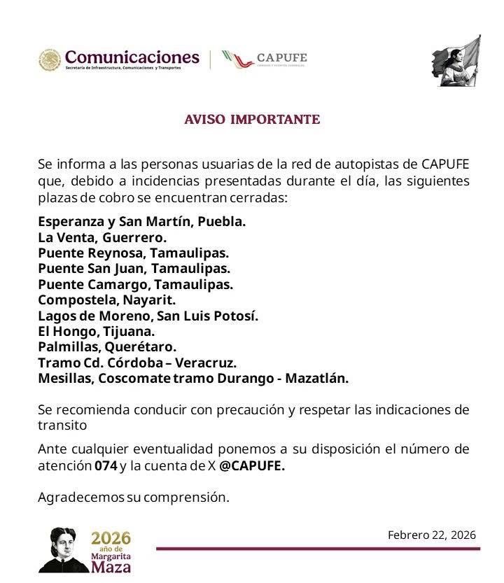 CAPUFE cierra varias plazas de cobro por incidencias en la red de autopistas