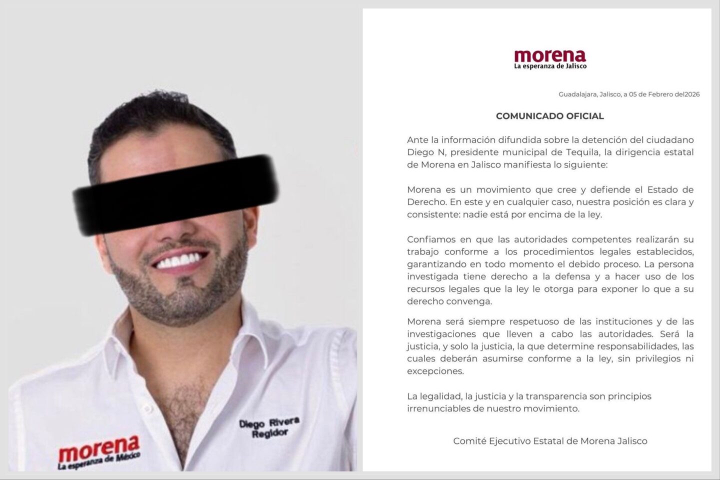 Morena Jalisco se deslinda de detención del alcalde de Tequila y reafirma respeto al Estado de Derecho