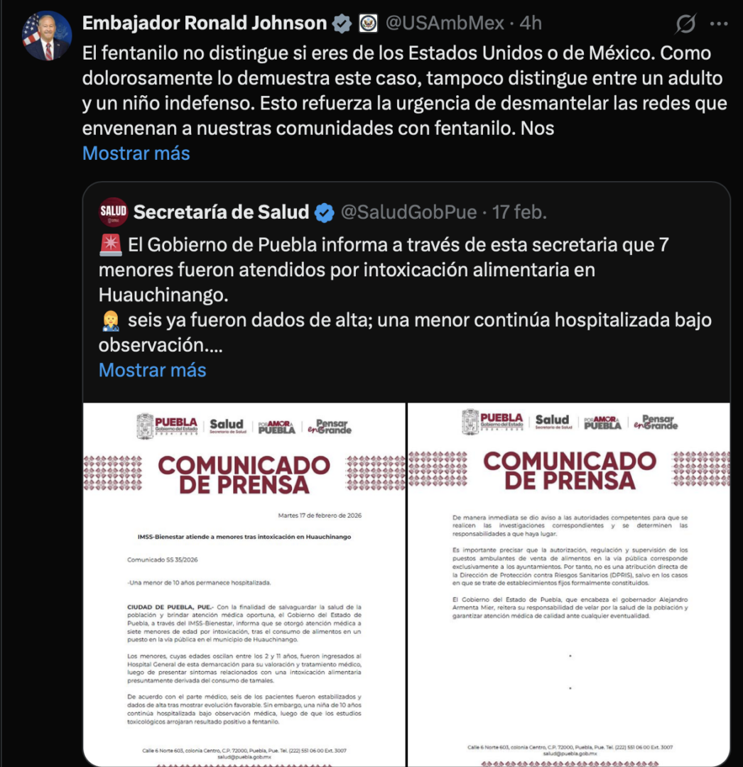 Embajador de EE.UU. expresa preocupación por intoxicación de siete niños en Huauchinango