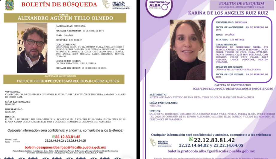 Activa FGE Puebla boletines de búsqueda por desaparición de matrimonio en Bella Vista